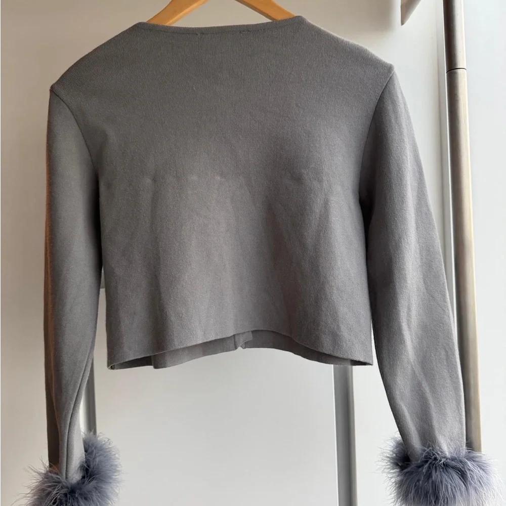 Sleeper Gray Cropped Cardigan with Faux Fur Cuffs - Picture 3 of 4